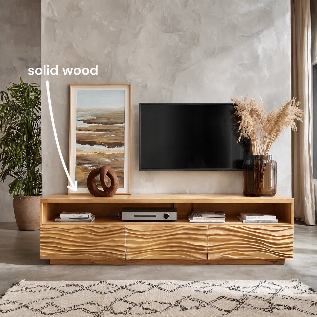 Wave Front TV Stand with Sculpted Storage and Open Display Shelf - Livewoodcraft - 2