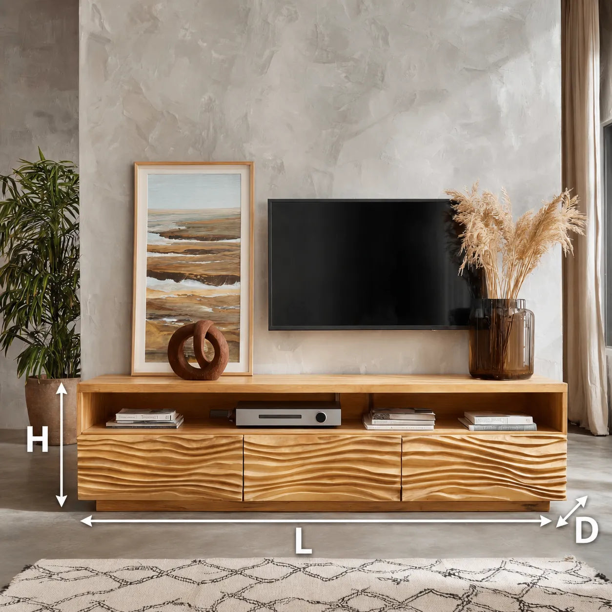 Wave Front TV Stand with Sculpted Storage and Open Display Shelf - Livewoodcraft - 3