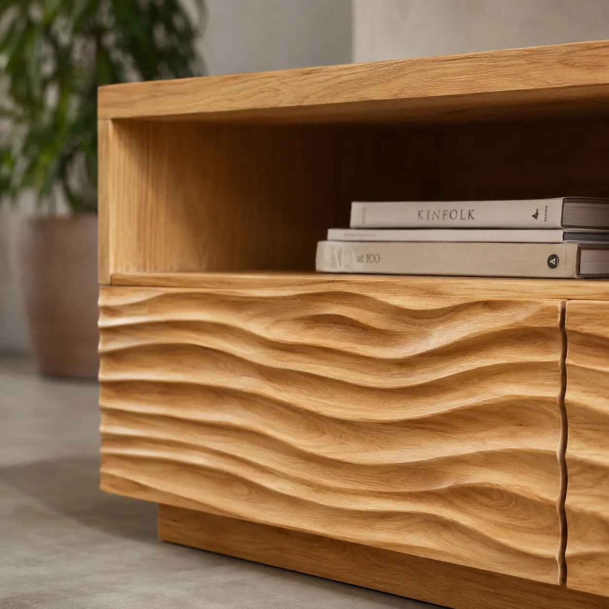 Wave Front TV Stand with Sculpted Storage and Open Display Shelf - Livewoodcraft - 4