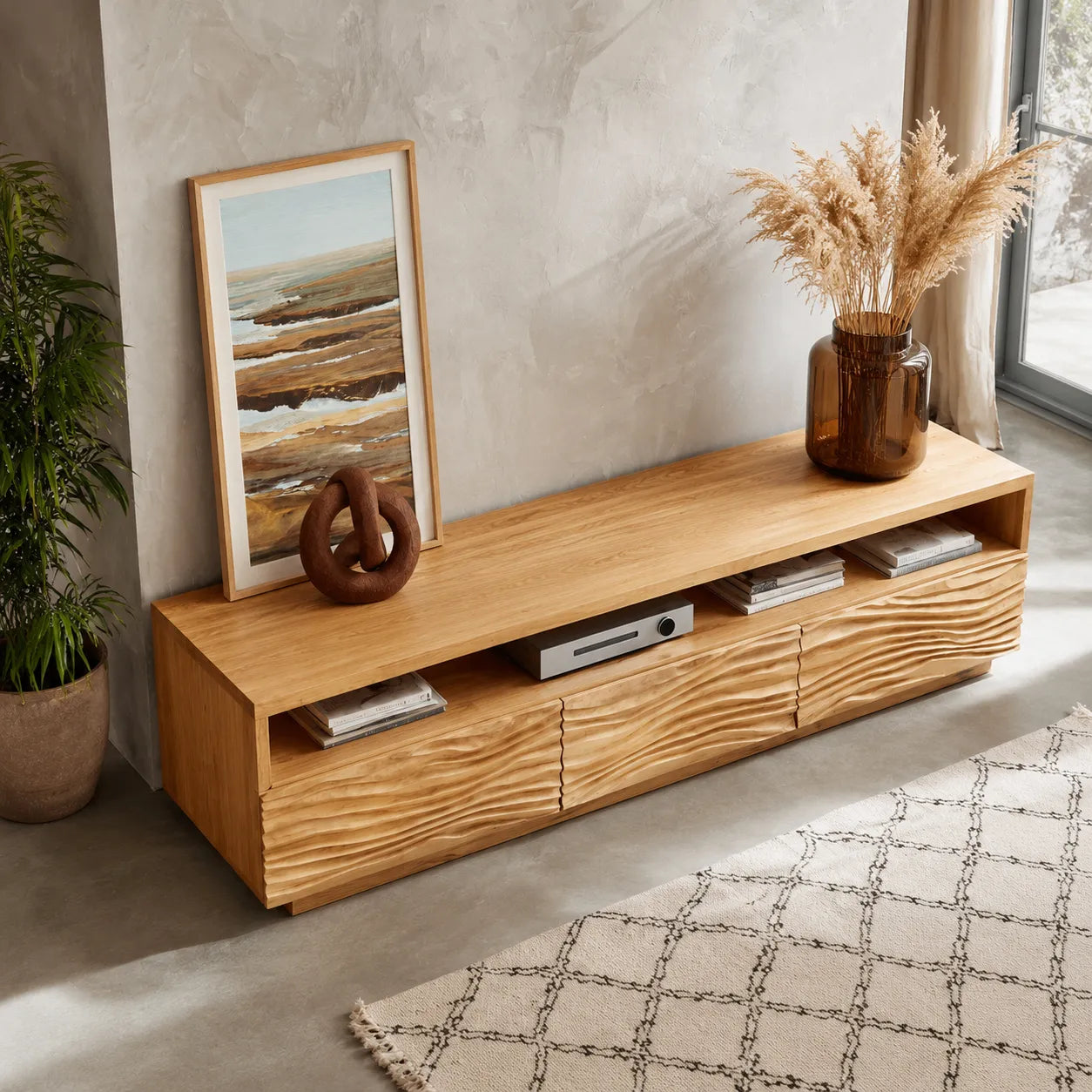 Wave Front TV Stand with Sculpted Storage and Open Display Shelf - Livewoodcraft - 6