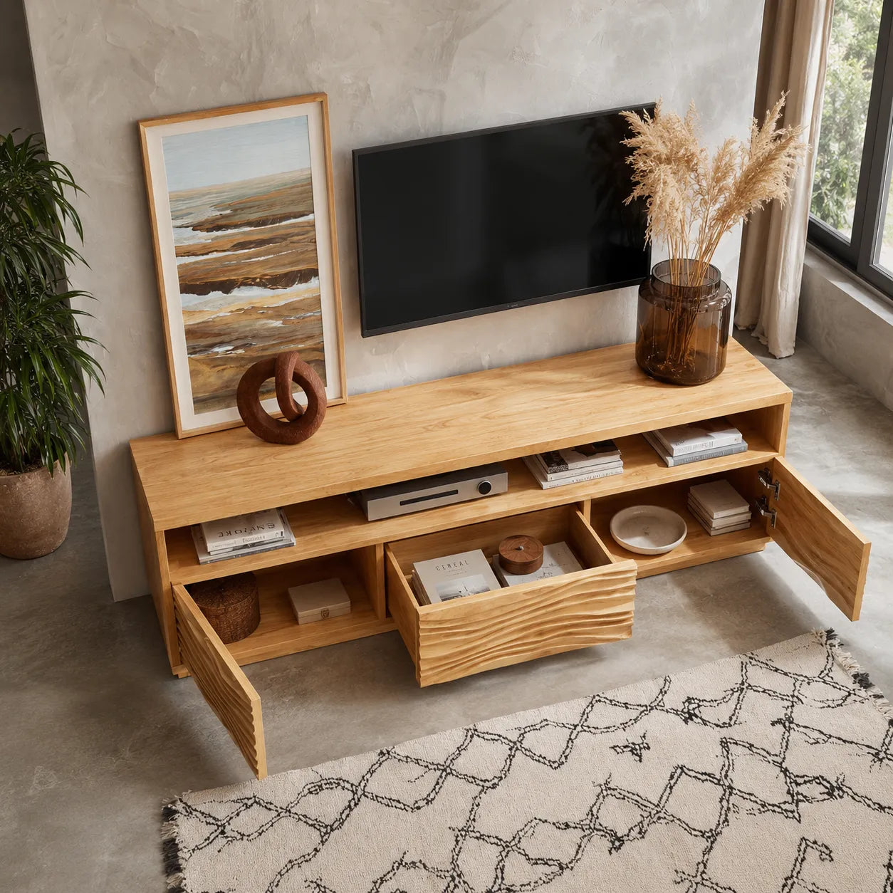 Wave Front TV Stand with Sculpted Storage and Open Display Shelf - Livewoodcraft - 7