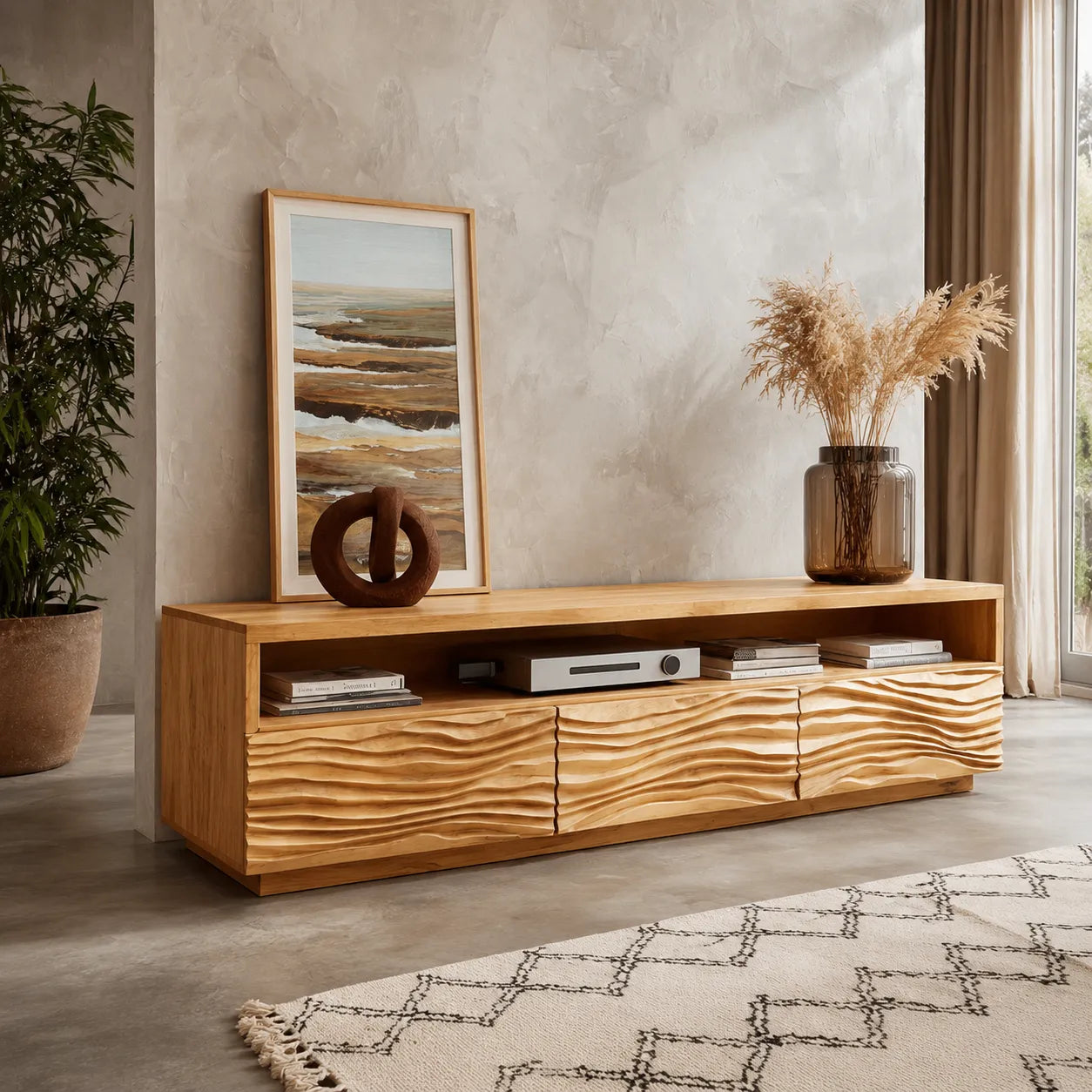 Wave Front TV Stand with Sculpted Storage and Open Display Shelf - Livewoodcraft - 8