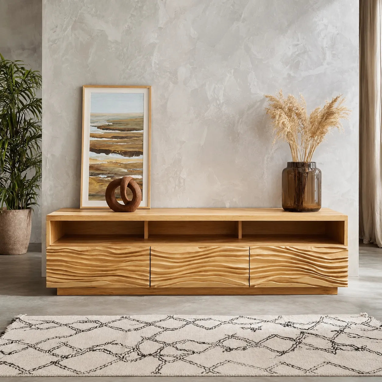 Wave Front TV Stand with Sculpted Storage and Open Display Shelf - Livewoodcraft