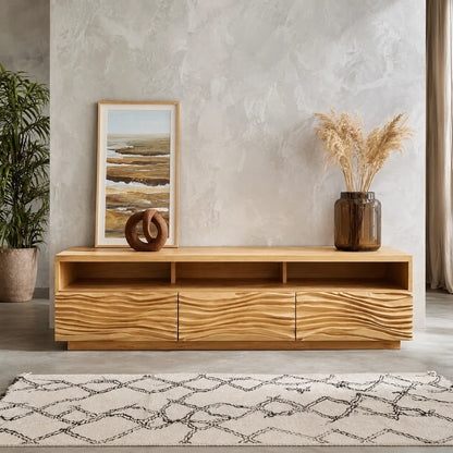 Wave Front TV Stand with Sculpted Storage and Open Display Shelf - Livewoodcraft