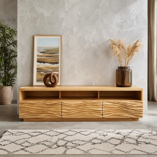Wave Front TV Stand with Sculpted Storage and Open Display Shelf - Livewoodcraft