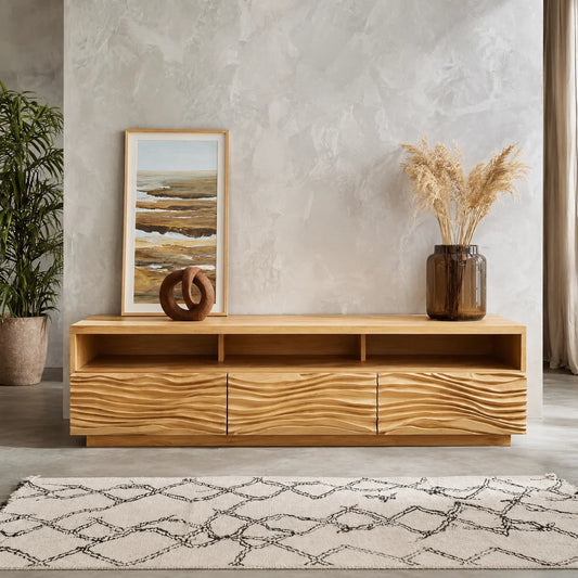 Wave Front TV Stand with Sculpted Storage and Open Display Shelf - Livewoodcraft