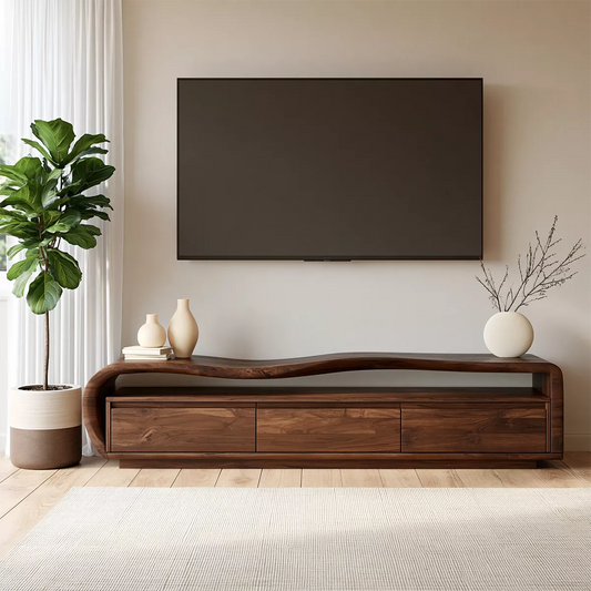 Wave Top Solid Wood TV Stand With Curved Side Frame And Hidden Drawer Storage For Living Room - Livewoodcraft